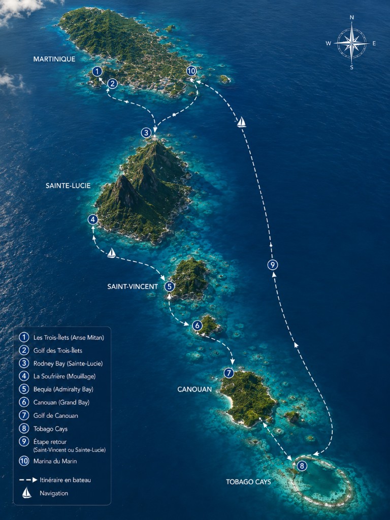 Carte de l'itinéraire, du Marin aux Tobago Cays